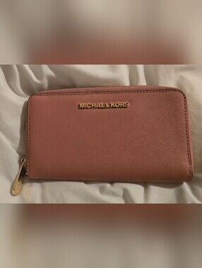 Michael Kors Pink Saffiano Zip Wallet In Salmon